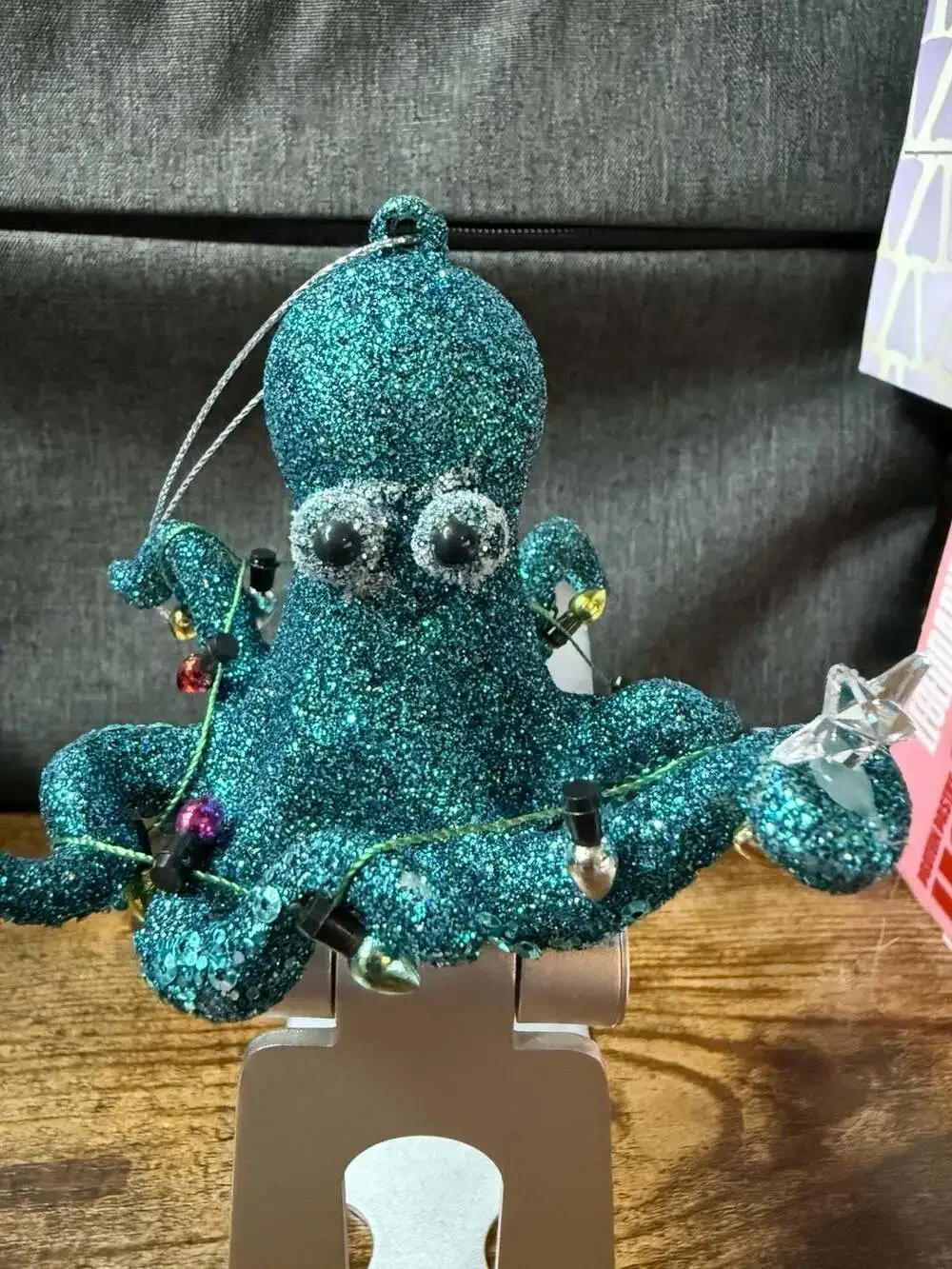 EUC Holiday Time Teal Glitter Octopus Wrapped in Christmas Lights Ornament